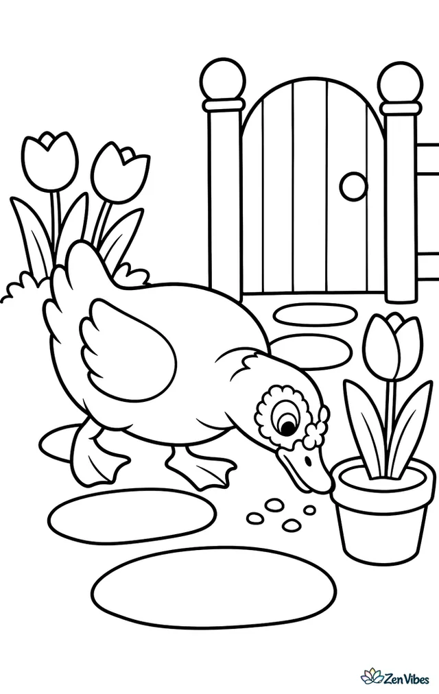 A Muscovy duck waddles through a backyard path, pecking near a flowerpot, with stepping stones, tulips, and a simple garden gate in the background.