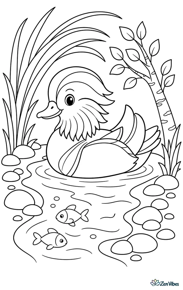 A mandarin duck paddles along a narrow stream under arching grasses, while smooth pebbles, tiny fish, and a leaning birch sapling line the banks.