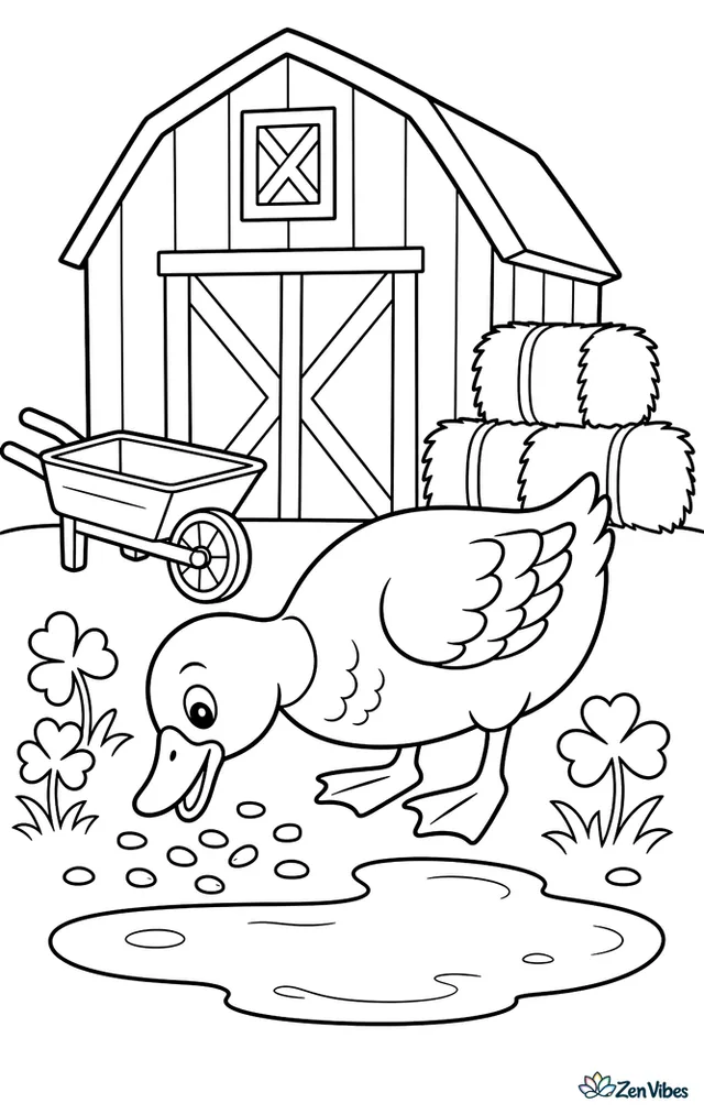 A Rouen duck stands beside a red barn puddle, nibbling fallen corn kernels, with stacked hay bales, a wooden wheelbarrow, and clover patches around it.
