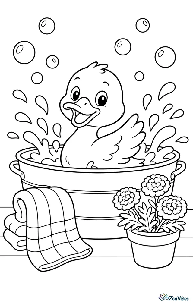 A call duck splashes in a shallow metal tub, sending little droplets outward, while soap bubbles, striped towels, and potted marigolds decorate the porch.