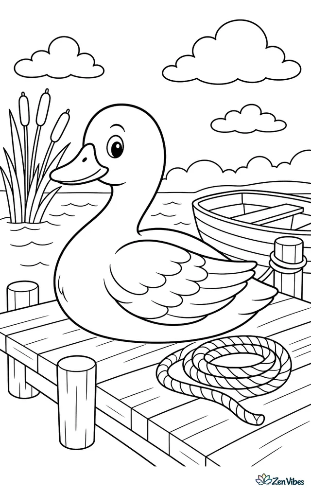 A Cayuga duck rests on a wooden dock with folded wings, beside coiled rope, a rowboat, lake reeds, and soft wave lines under evening clouds.