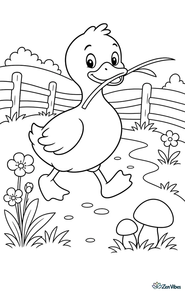 A blue Swedish duck walks through a meadow path carrying a long blade of grass, with buttercups, mushrooms, and a split-rail fence across rolling hills.