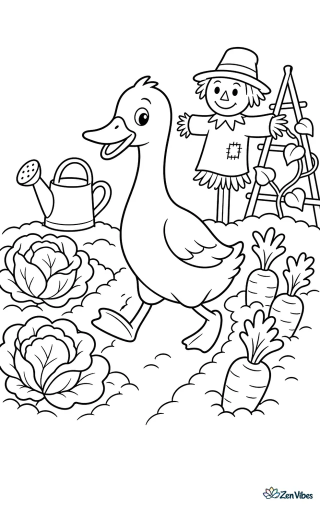 An Indian Runner duck hurries between vegetable rows, passing cabbages, carrots, and a scarecrow, while a watering can and trellis frame the tidy garden.
