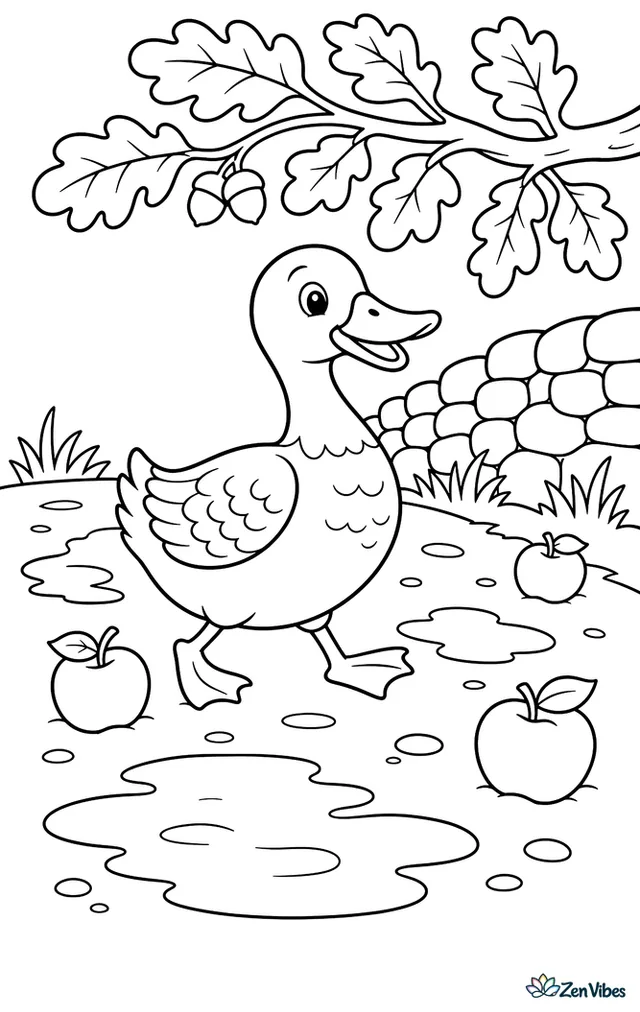 A Silver Appleyard duck strolls down a country lane after rain, with puddles, fallen apples, a stone wall, and overhanging oak branches beside the path.