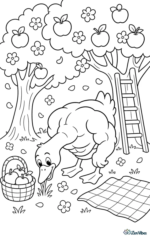A Buff duck stands beneath apple trees, pecking at grass near a basket, while blossoms drift down around tree trunks, ladders, and a small picnic cloth.