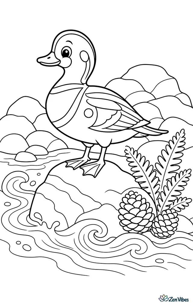 A harlequin duck balances on a riverside rock as water swirls past, with pine cones, ferns, and layered mountain stones shaping the scene.
