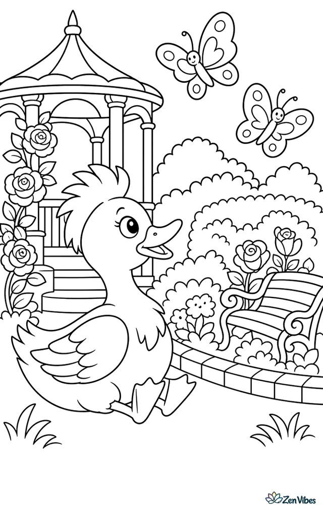 A crested duck sits near a garden gazebo, watching butterflies over trimmed hedges, with brick edging, roses, and a curved bench tucked among flowers.