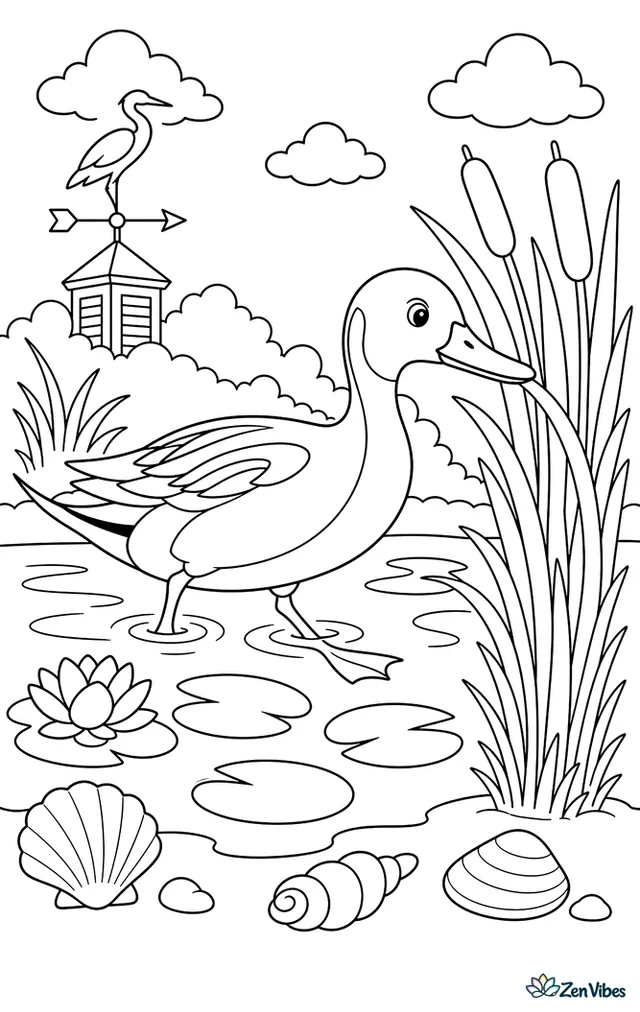 A northern pintail wades through shallow marsh water, reaching toward reeds, while lily pads, cattails, shells, and a distant heron-shaped weather vane appear nearby.