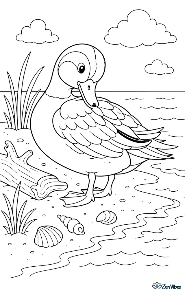 An American wigeon stands at the edge of a sandy lakeshore, preening feathers beside driftwood, beach grass, scattered shells, and tiny wavelets under open sky.