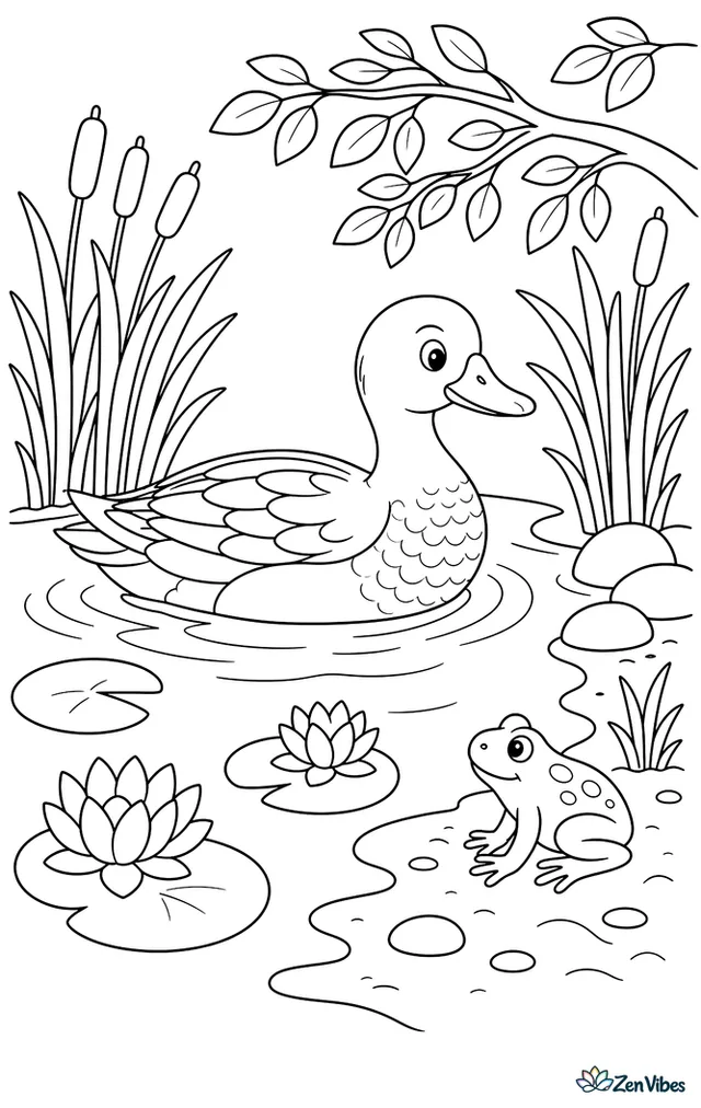 A gadwall swims into a quiet cove between reed clusters, with overhanging branches, water lilies, smooth stones, and a small frog on the muddy bank.