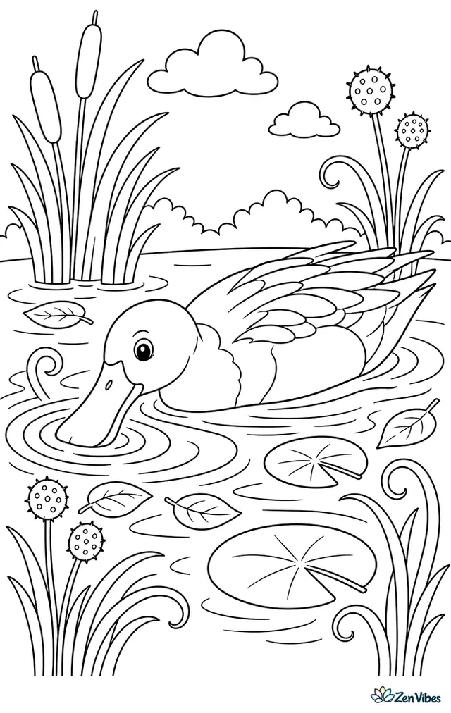 A northern shoveler skims the surface of a reedy pond, circling among seed heads, floating leaves, curling grasses, and ripples spreading from its broad bill.