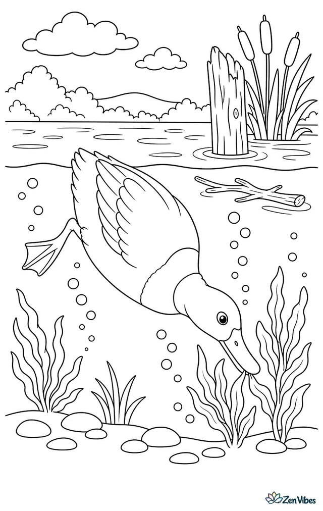A canvasback dives for pond plants in a broad lake, with bubbling circles, distant cattails, floating twigs, and a weathered post rising near the shore.