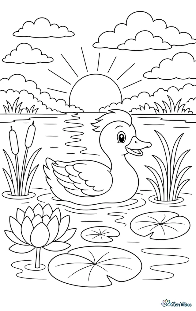 A redhead duck glides across sunrise water, passing lotus leaves and reeds, while layered clouds, shoreline grasses, and reflected light create a calm morning scene.
