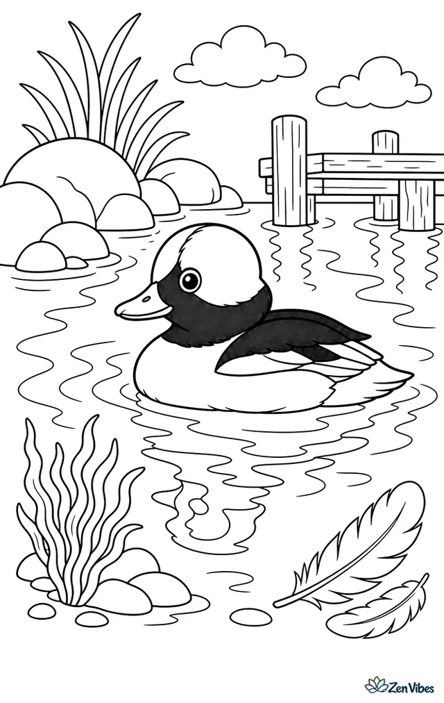 A bufflehead bobs in a sheltered bay beside rounded rocks, with sea grass, a small pier, gull feathers, and rippling reflections around the little duck.