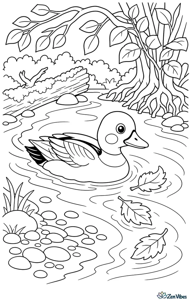 A common goldeneye paddles around a riverbend, chasing drifting leaves past alder roots, mossy logs, pebbled shallows, and arching branches over the water.