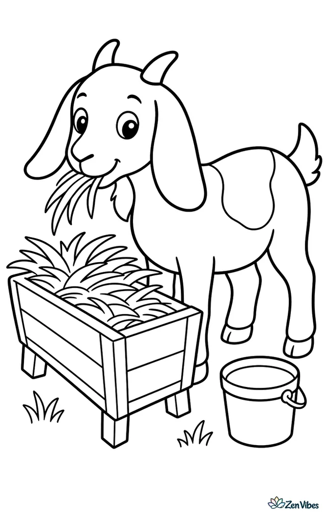 A Nubian goat stands beside a wooden trough, nibbling hay in a simple farmyard, with a barn door, bucket, and a few tufts of grass around it.