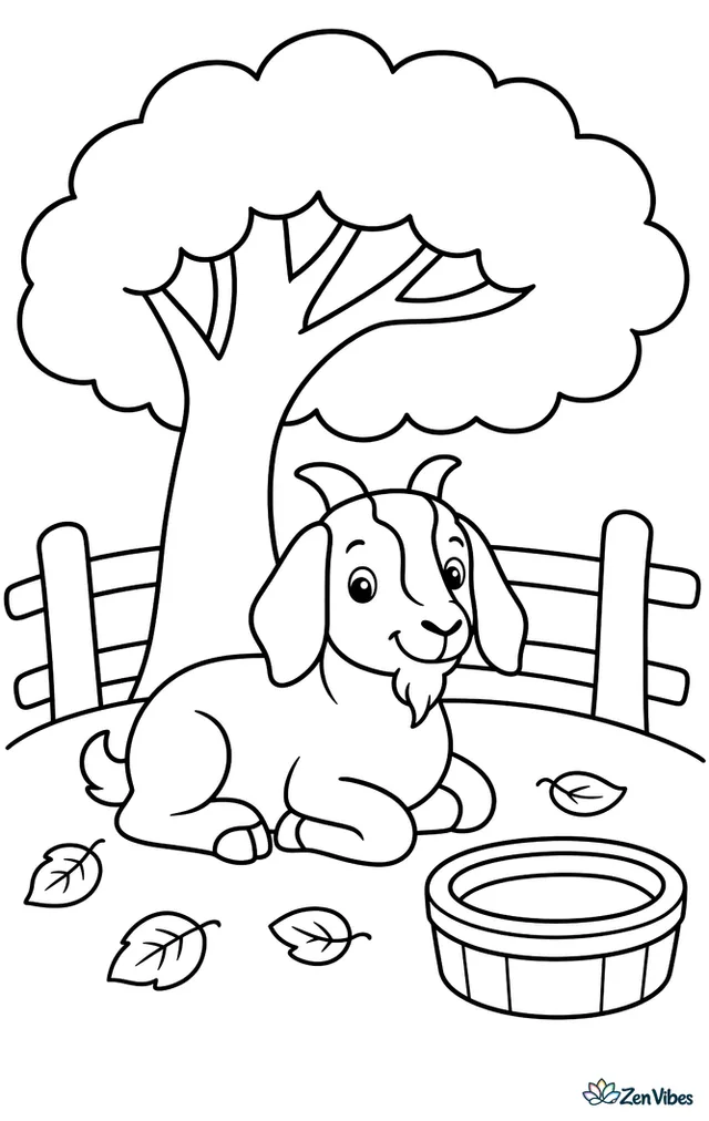 A Boer goat lies under a broad shade tree on a gentle hill, with a split-rail fence, fallen leaves, and a small water tub close by.