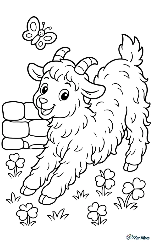An Angora goat stretches beside a low stone wall in a meadow, with clover patches, a butterfly, and rolling hills under a clear sky.