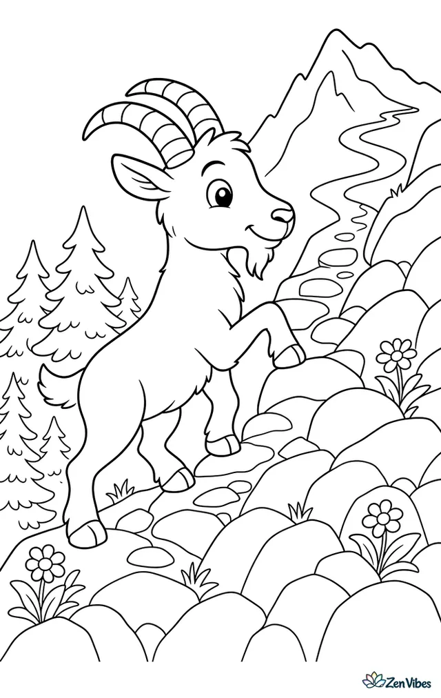 An Alpine goat carefully climbs a rocky path on a mountain slope, with pine trees below, tiny wildflowers between stones, and a winding trail ahead.