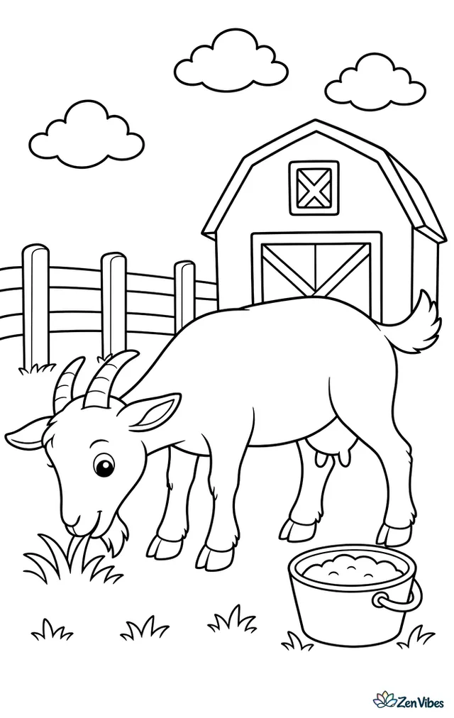 A Saanen goat grazes in a green pasture near a red barn, with a fence line, a feed bucket, and a few fluffy clouds drifting overhead.