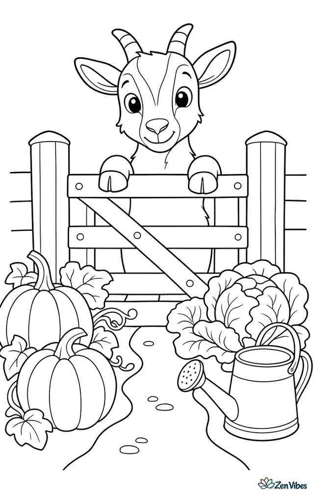 A Toggenburg goat peeks over a farm gate into a vegetable garden, where pumpkins, cabbage heads, and a watering can sit along a dirt path.