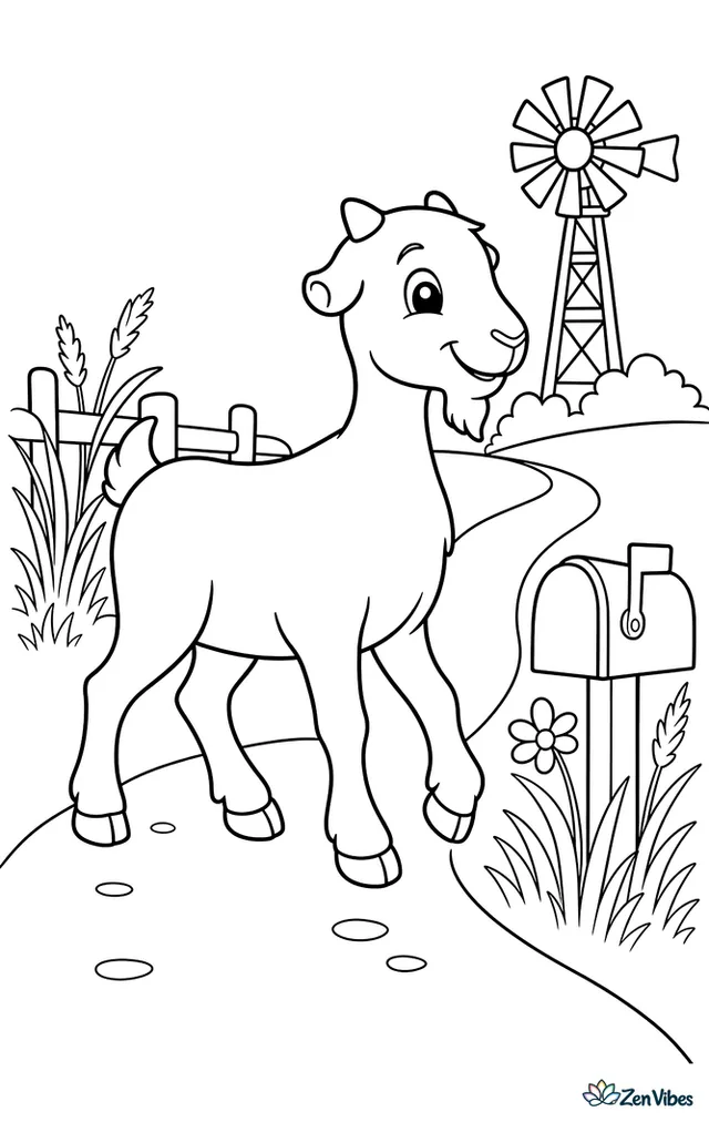 A LaMancha goat walks along a country lane beside a pasture, with wild grasses, a mailbox on a post, and a windmill in the distance.