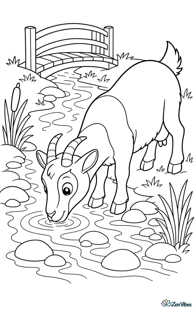 An Oberhasli goat drinks from a shallow stream crossing a meadow, with smooth river stones, reeds, and a wooden footbridge just upstream.