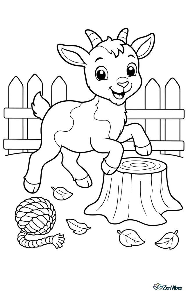 A Nigerian Dwarf goat prances around a tree stump in a backyard pen, with a rope ball, scattered leaves, and a short picket fence nearby.