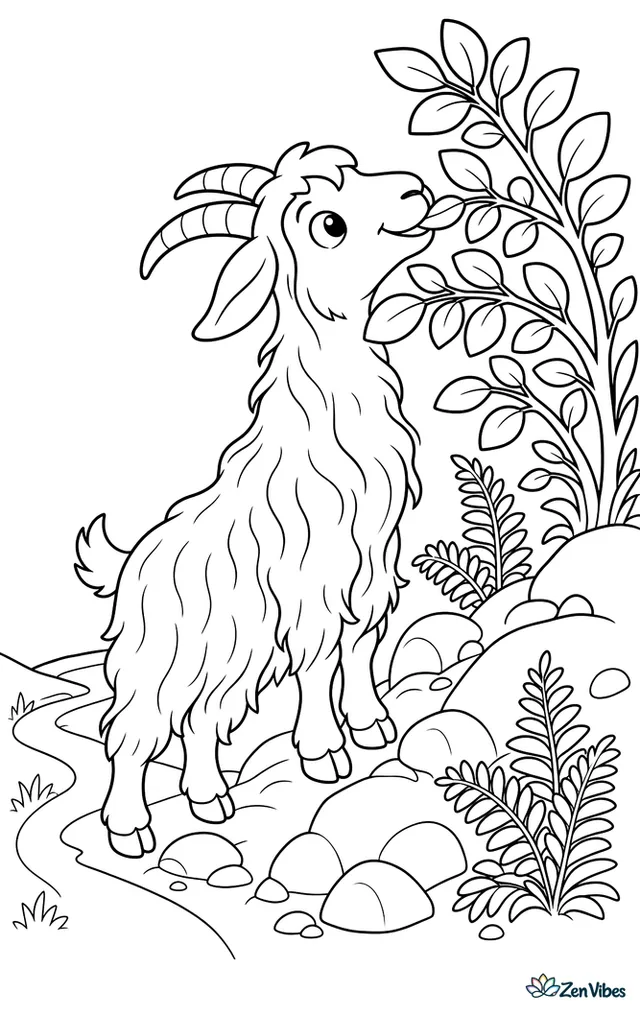 A Cashmere goat reaches up to browse leaves from a low shrub on a hillside, with scattered rocks, ferns, and a narrow path curving behind.
