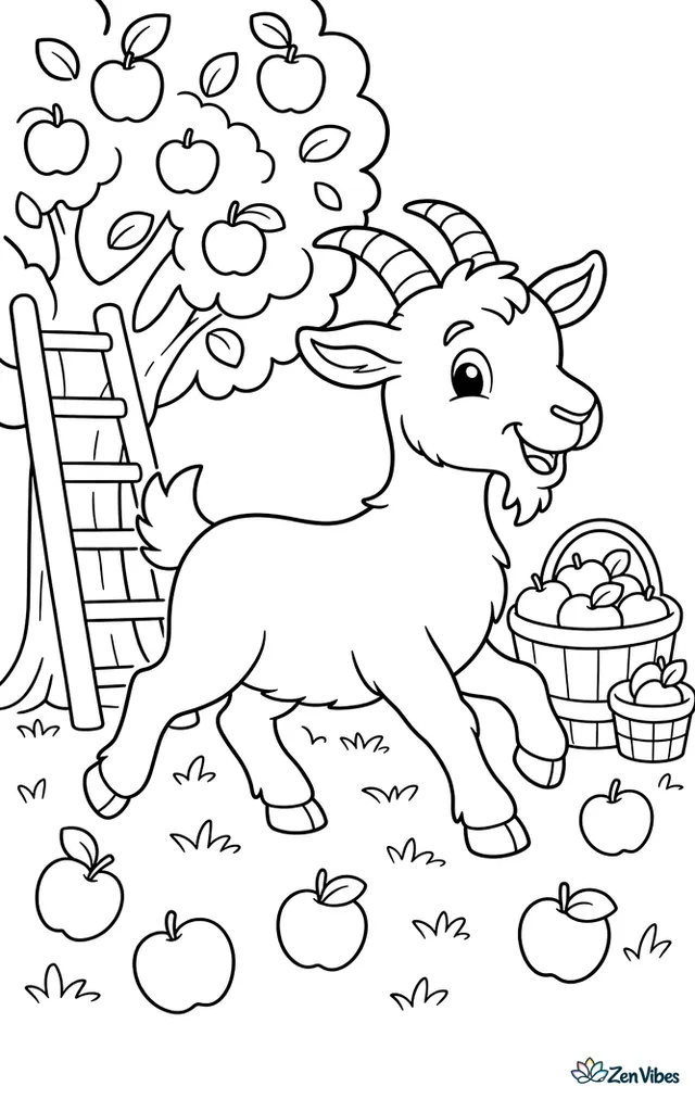 A Golden Guernsey goat trots through an orchard row, with fallen apples on the ground, a ladder against a tree, and baskets nearby.