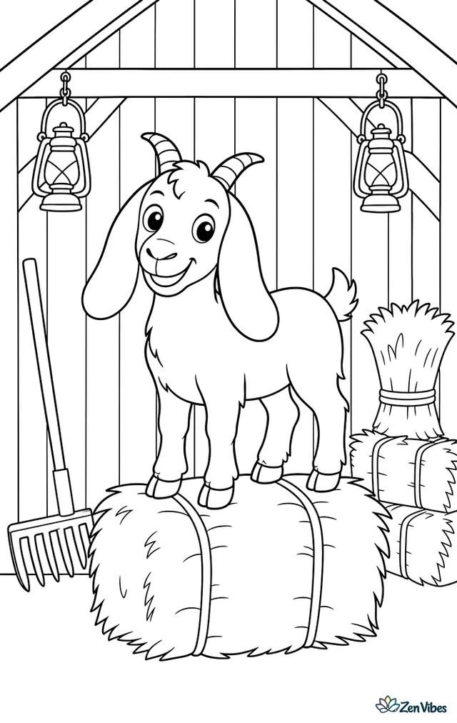 A Myotonic goat stands on a hay bale in a tidy barn, with hanging lanterns, a rake, and stacked straw bundles filling the background.