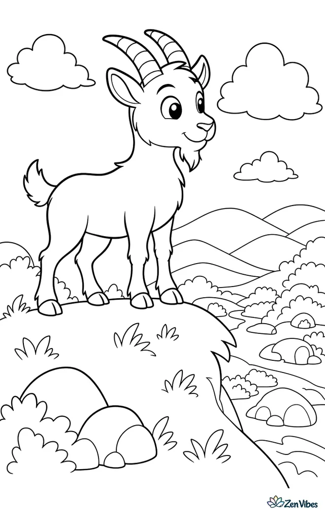 A Kiko goat stands alert on a grassy ridge, looking over a valley with boulders, shrubs, and layered hills beneath a wide sky.