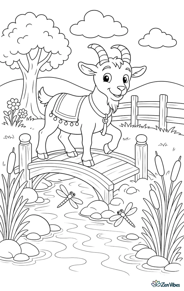A Spanish goat crosses a small wooden bridge over a creek, with cattails, pebbles, and dragonflies around the water in a peaceful pasture.