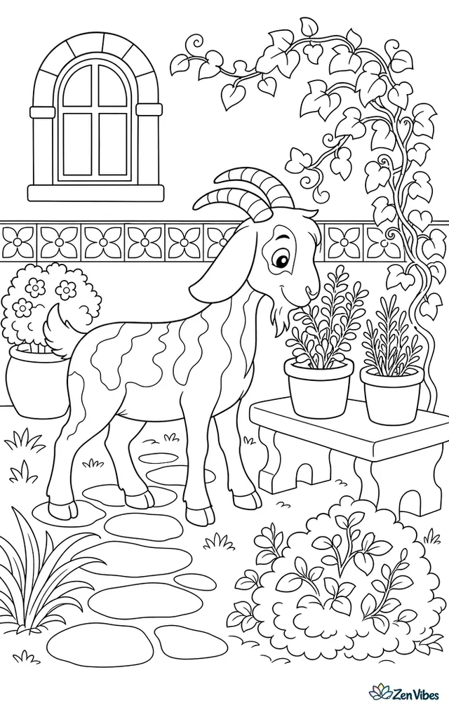 A Damascus goat wanders through a courtyard garden, sniffing potted herbs beside a stone bench, with climbing vines, stepping stones, and a tiled wall.