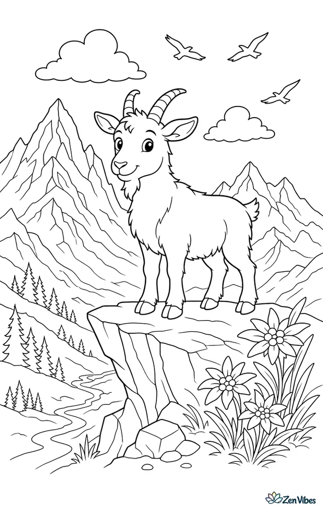A Pyrenean goat stands on a cliff ledge above an alpine valley, with jagged peaks, edelweiss blooms, and circling birds in the open mountain air.