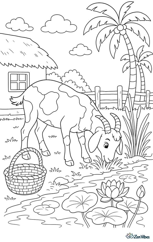 A Black Bengal goat forages beside a village pond, nosing through grass near lotus leaves, with a woven basket, reeds, and palm trees nearby.