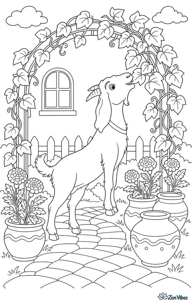 A Jamunapari goat stretches to nibble vine leaves over an arched garden trellis, with marigolds, clay pots, and a brick path below.