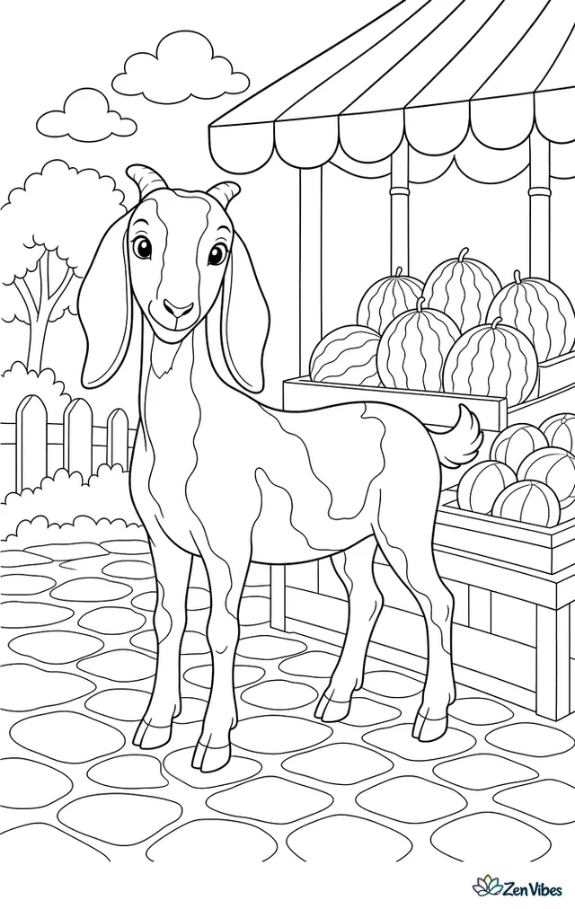 A Beetal goat stands calmly near a produce stall at an outdoor market, with crates of melons, striped awnings, and cobblestones underfoot.