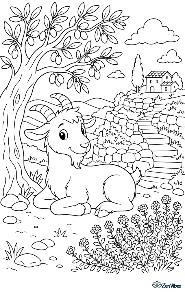 A Maltese goat relaxes beneath an olive tree on a terraced hillside, with stone steps, wild thyme, and a distant farmhouse across the valley.
