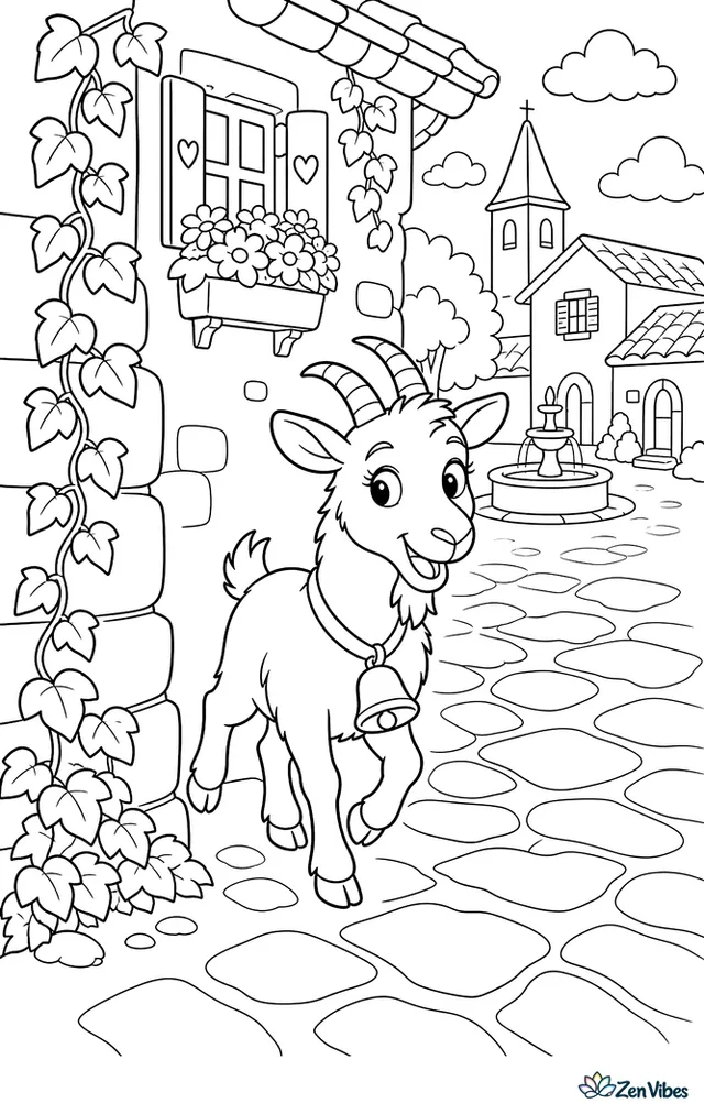 A Verata goat turns a corner along an old stone lane, with ivy-covered walls, window boxes, and uneven paving leading toward a village square.