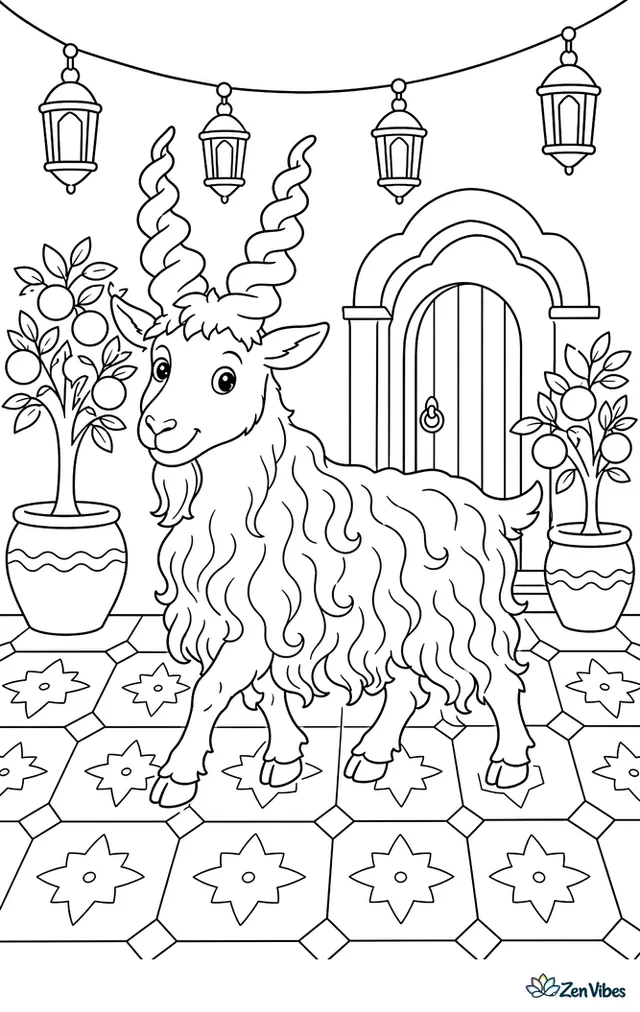 A Girgentana goat walks through a courtyard decorated with hanging lanterns, with patterned tiles, orange trees in pots, and an arched doorway behind.