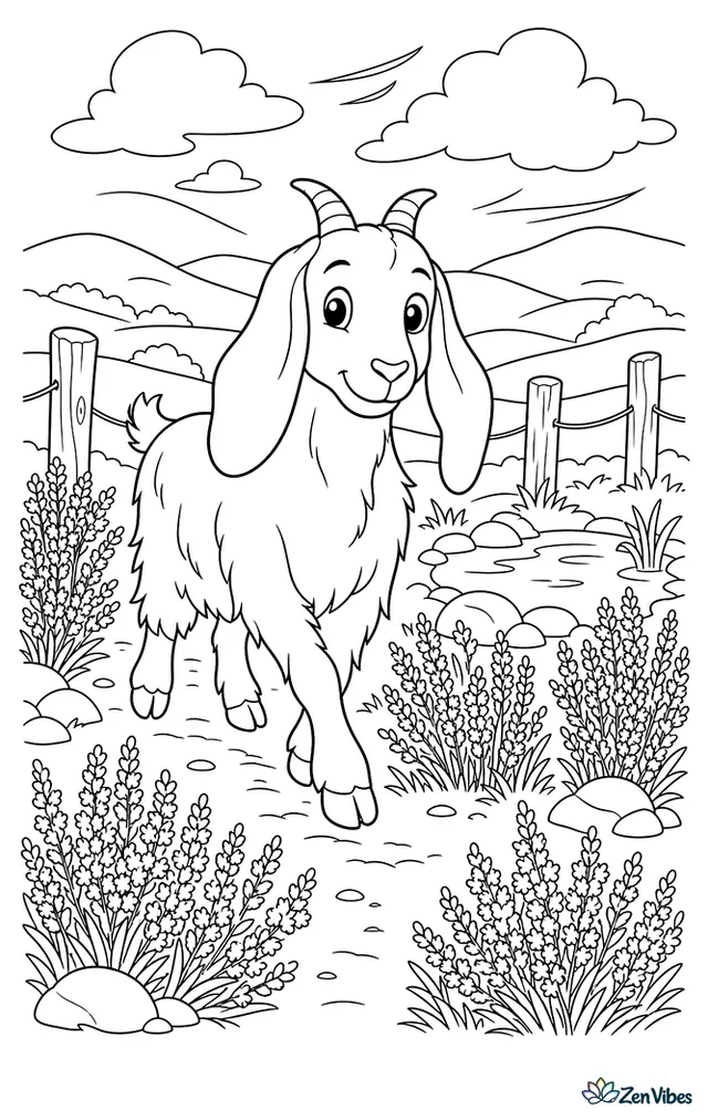 A Bagot goat steps through blooming heather on a moorland path, with weathered fence posts, a small pond, and distant hills under breezy clouds.