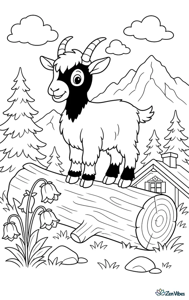 A Valais Blackneck goat balances on a wide fallen log in a mountain meadow, with bellflowers, spruce trees, and a chalet roof peeking below.