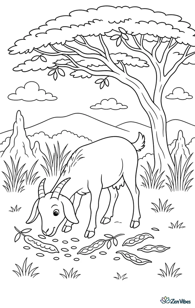 A Somali goat stands under an acacia tree on open grassland, browsing dropped seed pods, with tall grasses, termite mounds, and far-off hills.