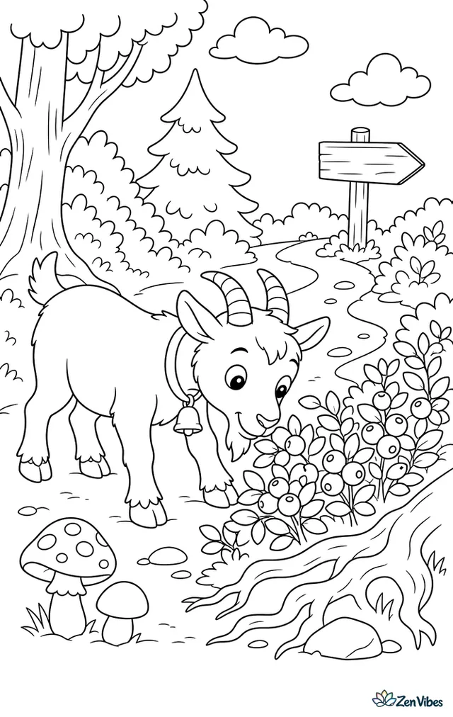 A Rustic goat noses along a forest trail lined with bilberry bushes, with mushrooms, tree roots, and a wooden signpost at the bend ahead.