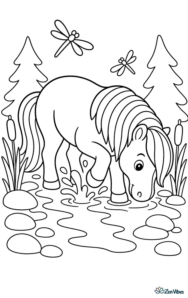 A Norwegian Fjord horse splashes through a shallow stream, lowering its striped mane toward the water as smooth stones, cattails, dragonflies, and two pine trees frame the quiet woodland clearing.