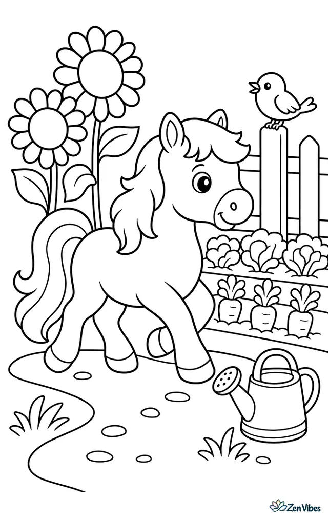 A miniature horse trots along a garden path, passing oversized sunflowers and a watering can while a small bird perches on a fence and neat vegetable beds stretch behind.