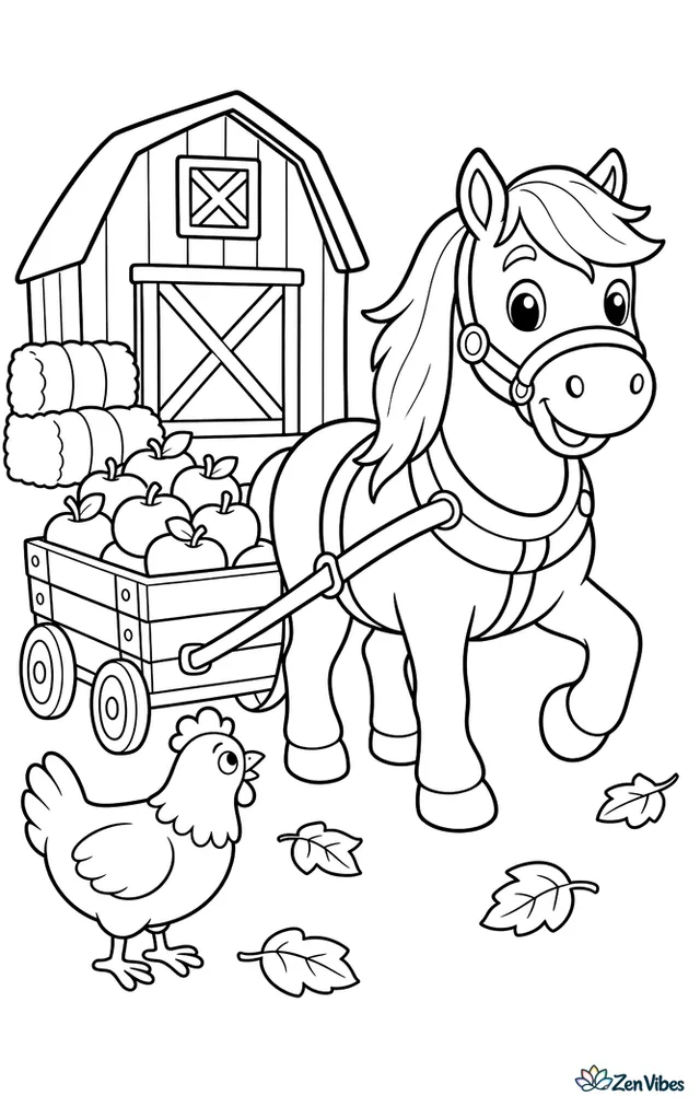 A Haflinger pulls a tiny wooden cart filled with apples along a farm lane, with a red barn, hay bales, scattered leaves, and a curious chicken watching from the roadside.