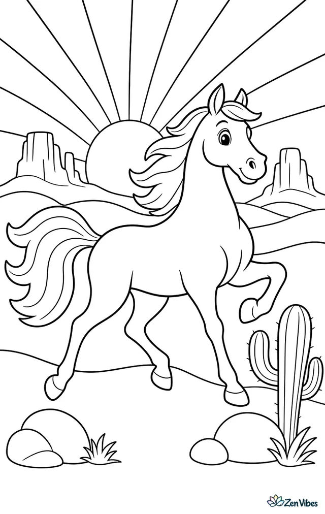 An Arabian horse canters over gentle desert dunes at sunrise, its tail flowing behind while a cactus, smooth rocks, and distant mesas sit beneath broad rays spreading across the sky.