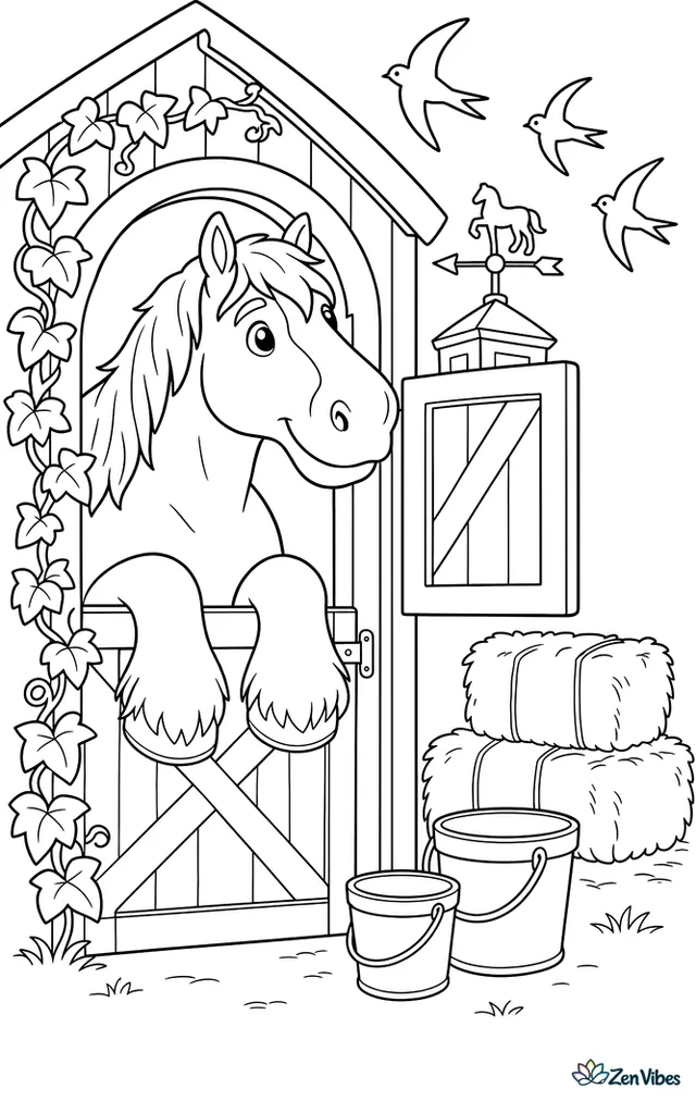 A Clydesdale leans from an open barn doorway, watching swallows swoop overhead while buckets, stacked hay, a weather vane, and climbing ivy decorate the sunny farmyard.